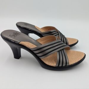 Sofft Criss Cross Leather Heeled Sandals 9M Silver Black Comfy Y2k Minimalist